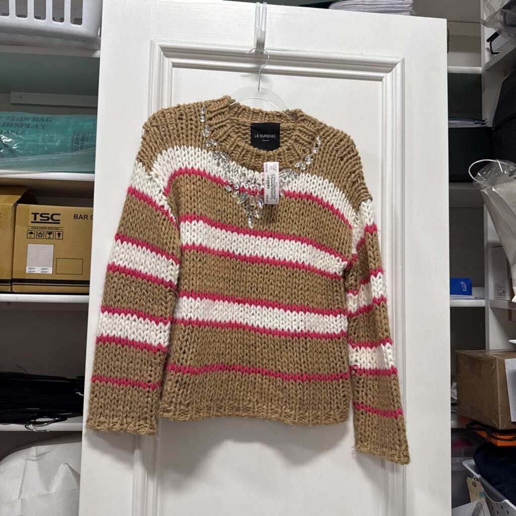 Beige/Pink/White Stripe Acrylic/Wool Crystal Embellished Sweater