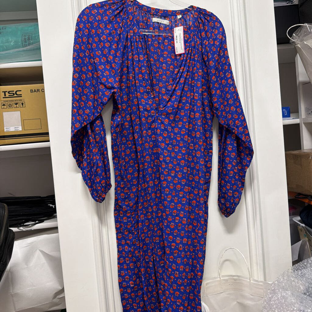 Blue/Red Cotton Floral LS Maxi Dress