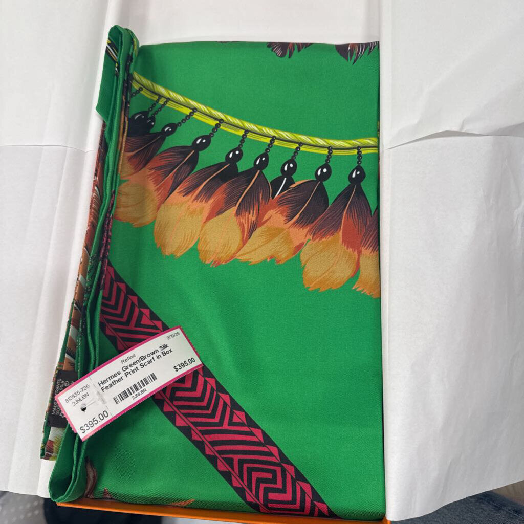 Green/Brown Silk Feather Print Scarf in Box