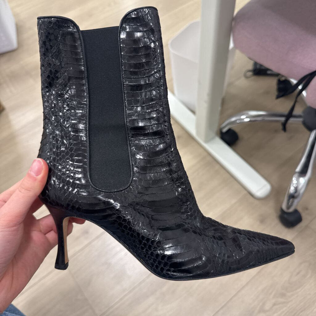 Black Leather Snakeskin Heeled Boot