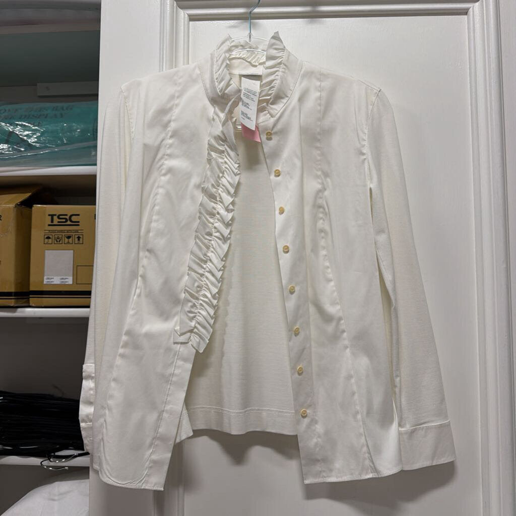 White Cotton Blend Ruffle Detail Shirt