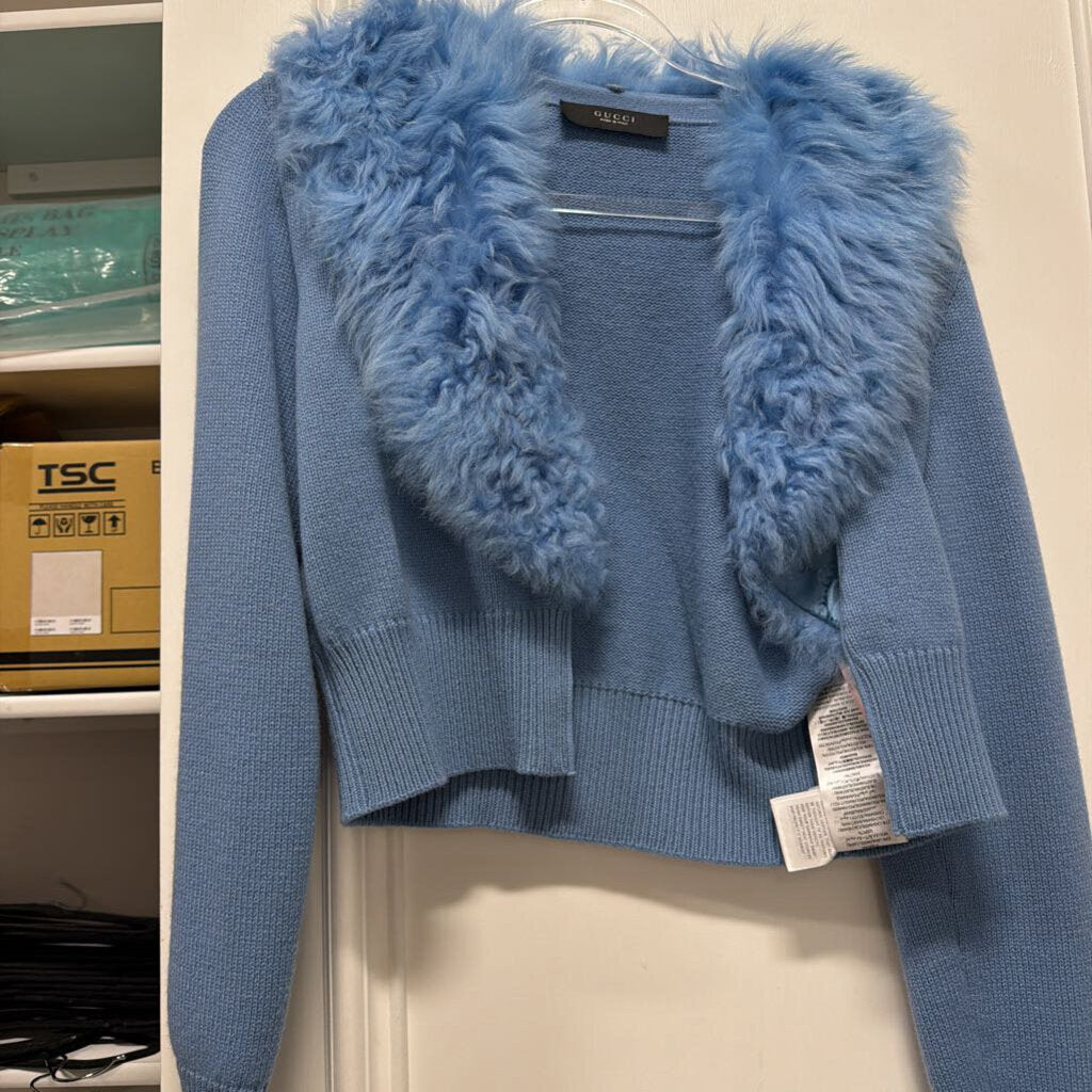 Blue Wool/Cashmere Cardigan w/ Shearling Collar (3980)