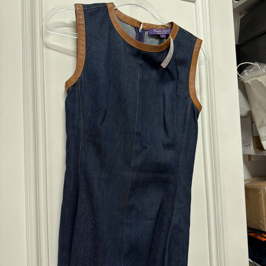 Dark Washed Denim Leather Trim Dress