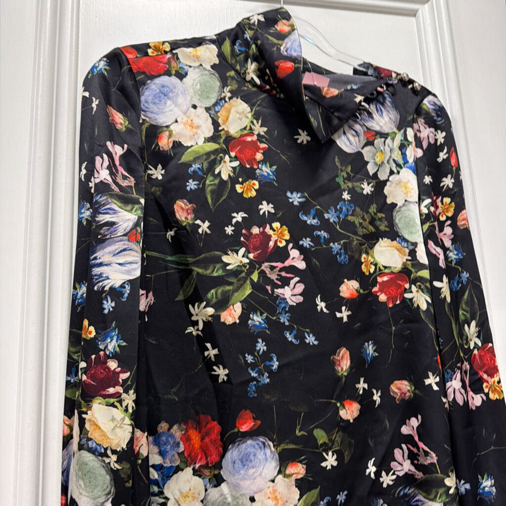 Black Silk Floral Blouse