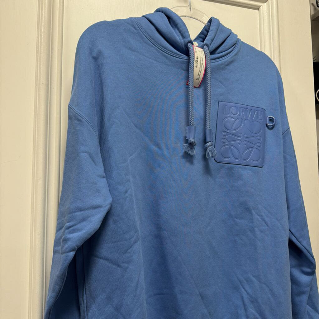 Blue Cotton Leather Anagram Patch Hoodie