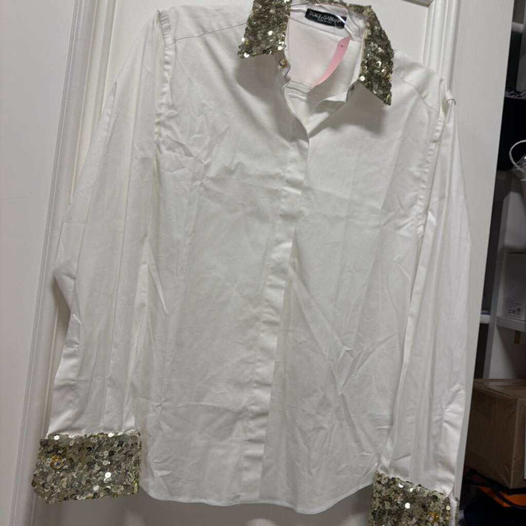 White Cotton Gold Sequin Button Up Top (NWT)
