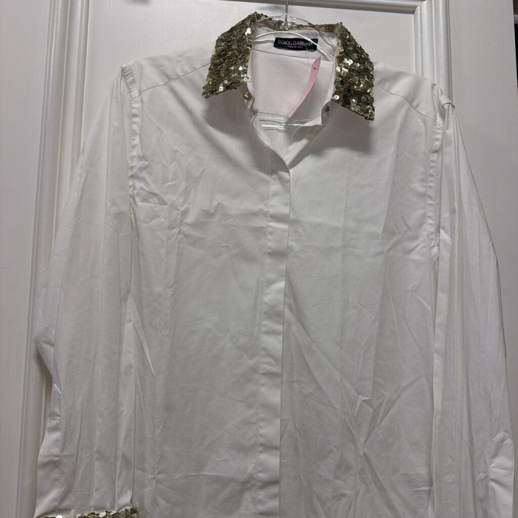 White Cotton Gold Sequin Button Up Top (NWT)