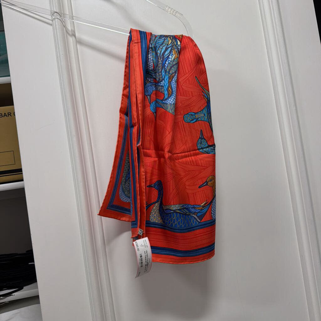 Coral/Blue "La Mare aux Canards" Silk Scarf, 90
