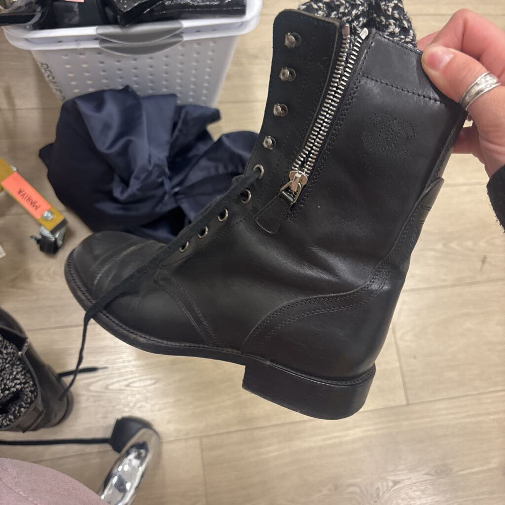 Chanel Black Leather Combat Boot