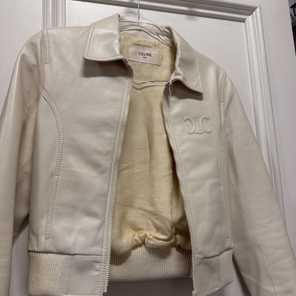 Cream Leather Triomphe Bomber Jacket (AS IS minor staining throughout)