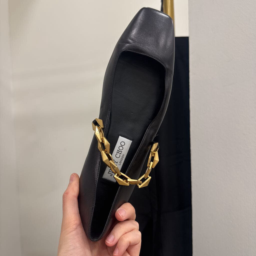 Jimmy Choo Black Leather Chain Strap Flats