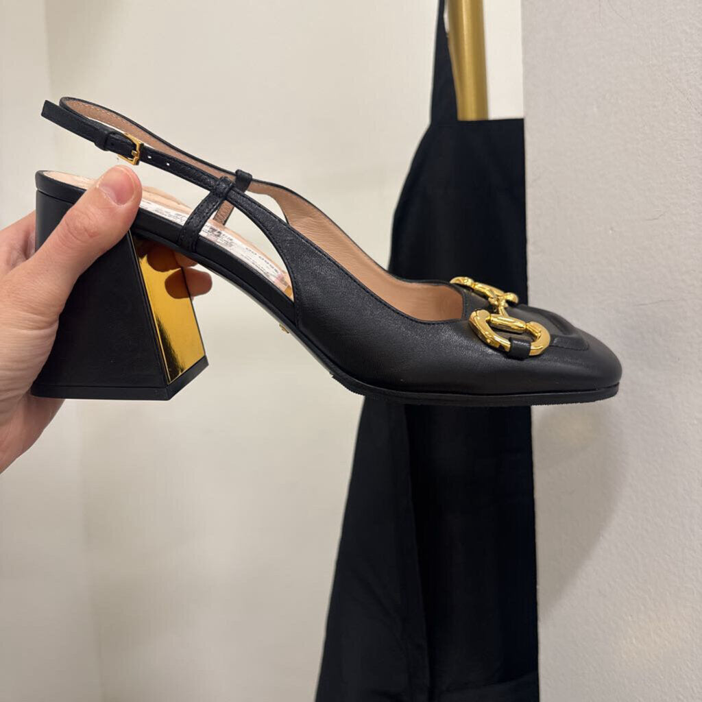 Gucci Black Leather Horsebit Slingback Pumps