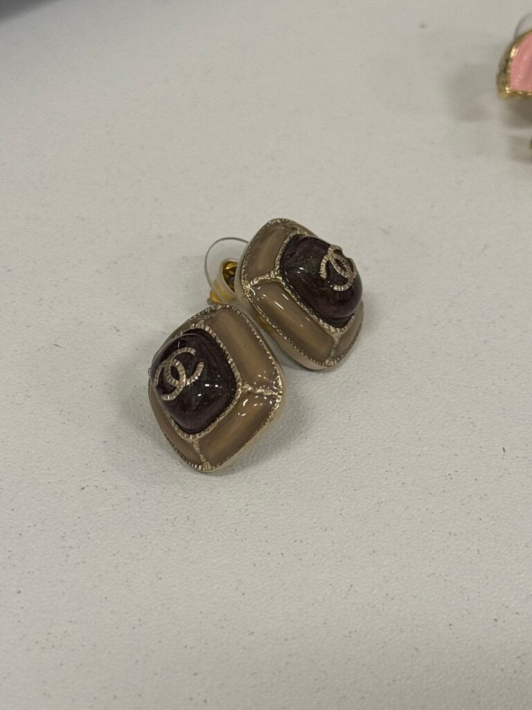 Brown Enamel CC Earrings