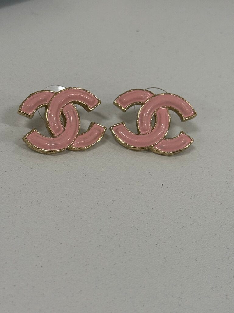 Pink Enamel Gold Tone CC Earrings