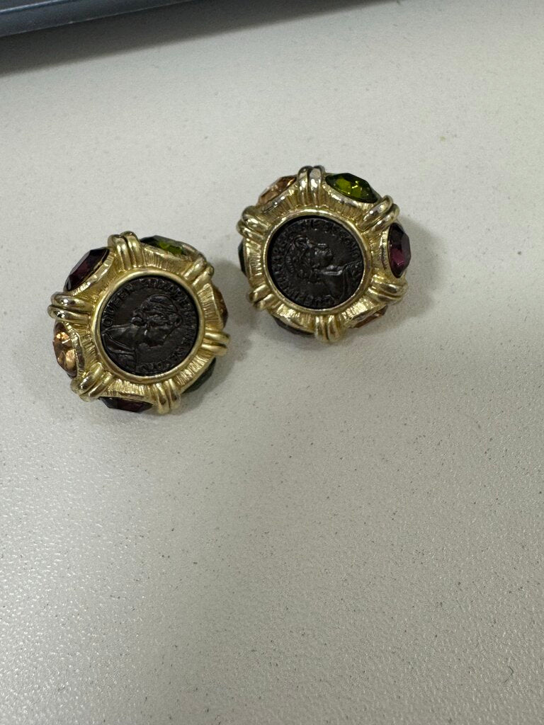 Vintage Gold Tone Coin Gemstone Earrings