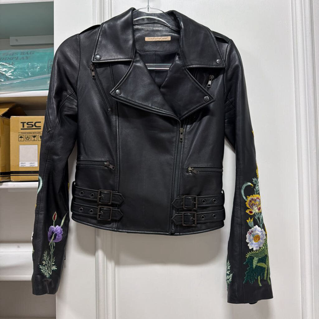 Black Floral Embroidered Leather Jacket