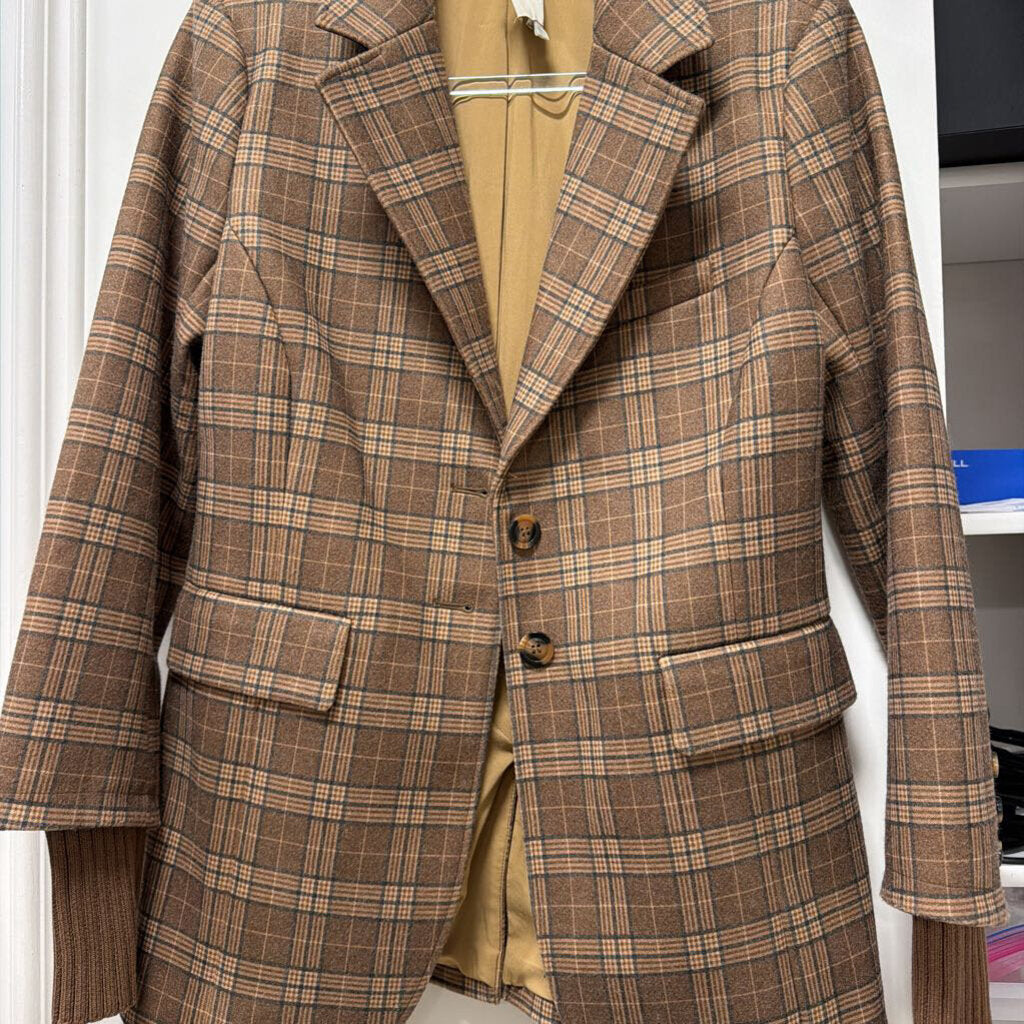 Brown Plaid Poly Blend Blazer
