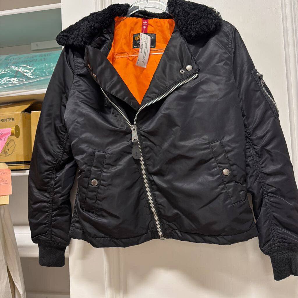 Black Nylon Fur Collar Bomber Jacket