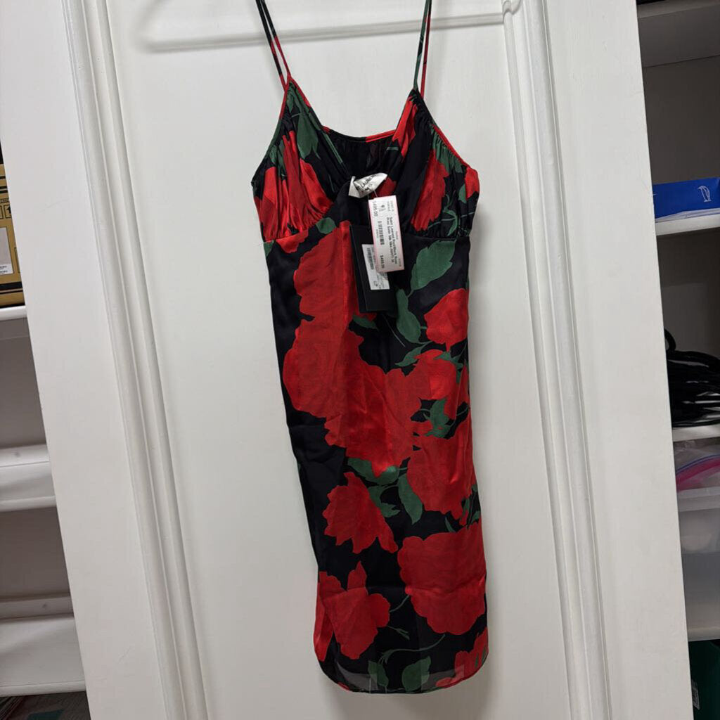 Red/Black Rose Print Satin Silk Mini (NWT)