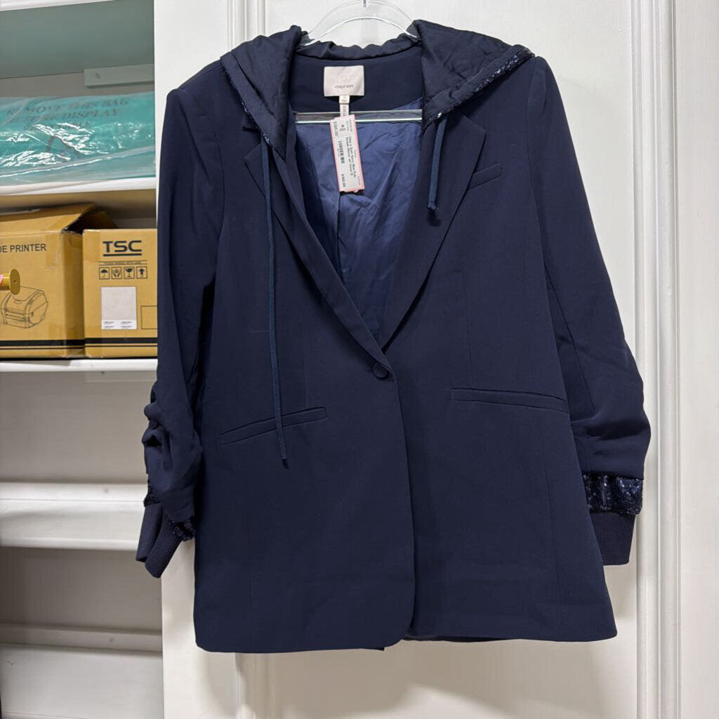 Navy Blue Poly Sequin Blazer w/ Hood