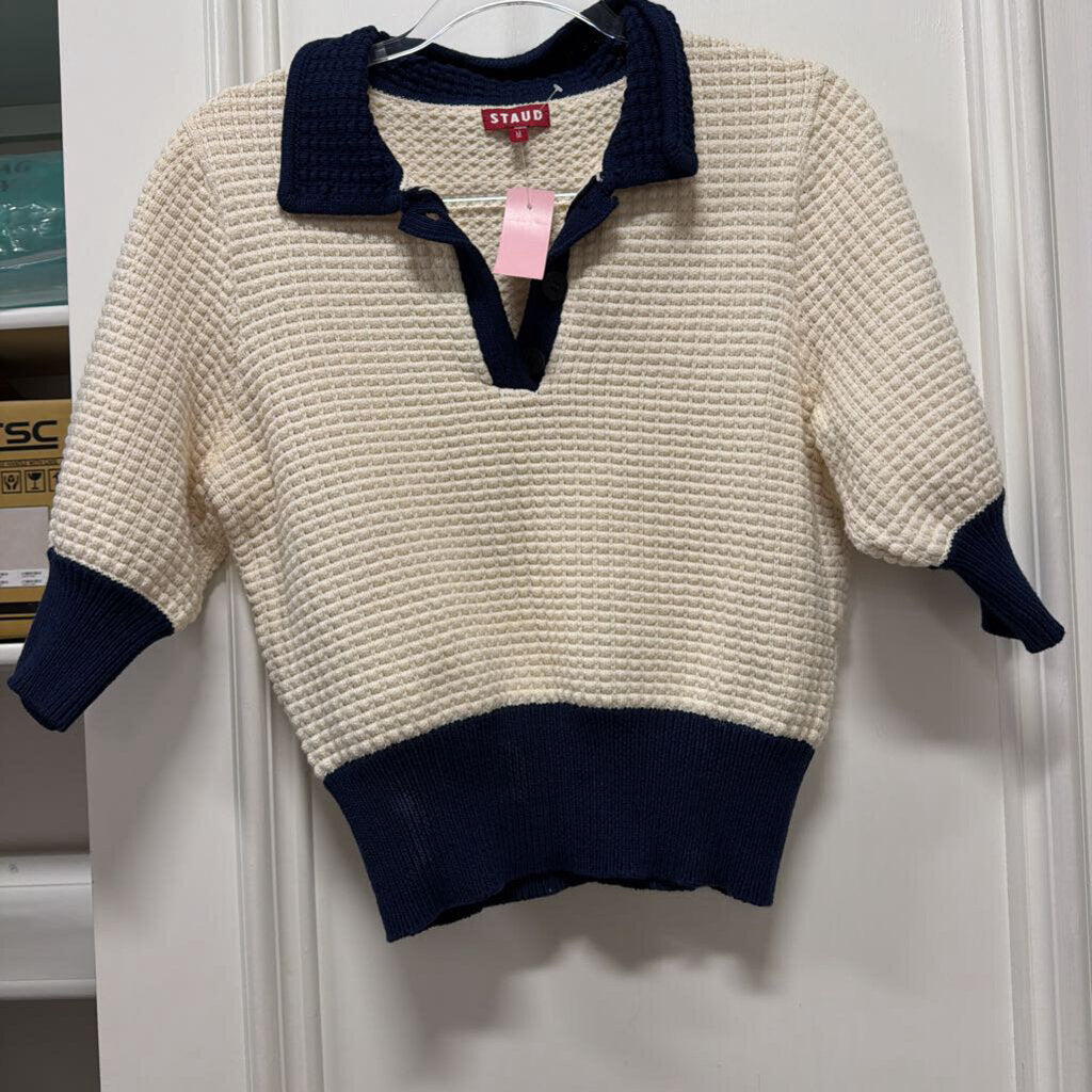 Cream/Blue Cotton Knit Polo Sweater