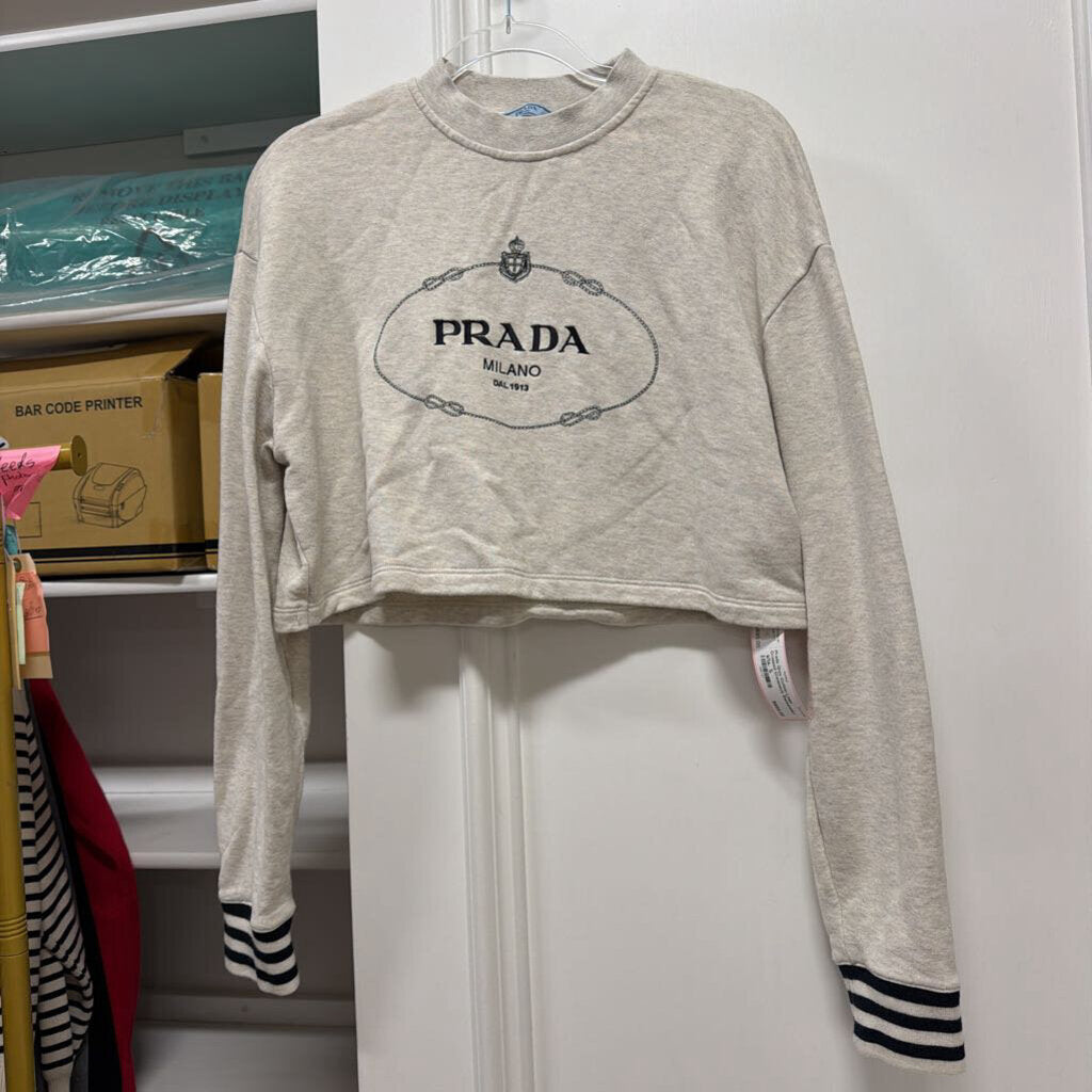 Grey Cotton Logo Cropped Crewneck Sweatshirt