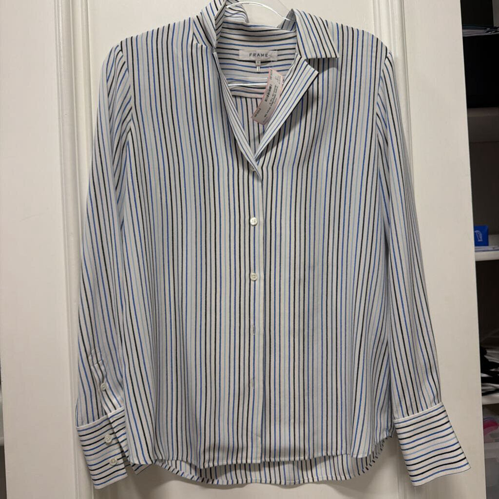 White/Blue Stripe Silk Button Up Top