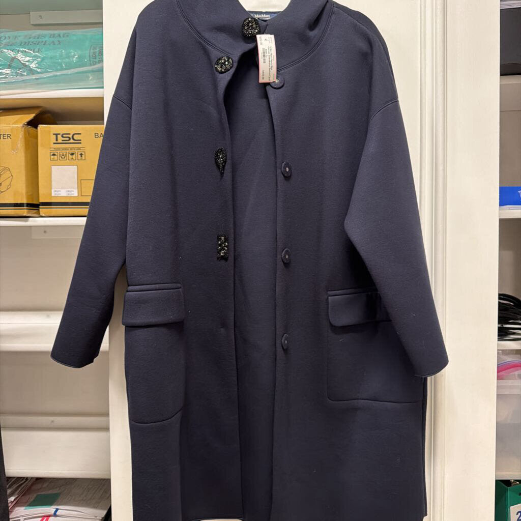 Navy Blue Viscose Embellished Button Coat
