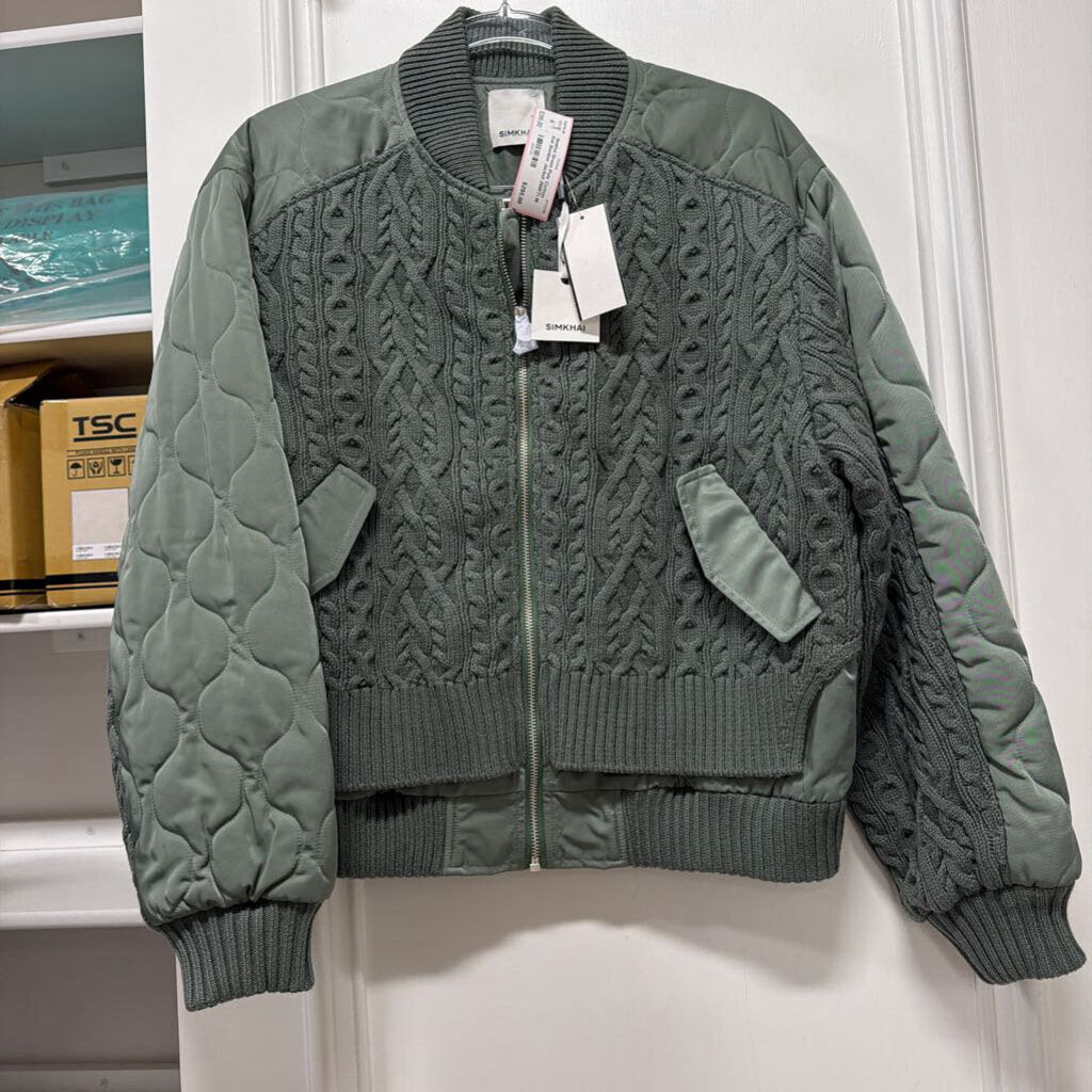 Green Poly Cotton Knit Bomber Jacket (NWT)