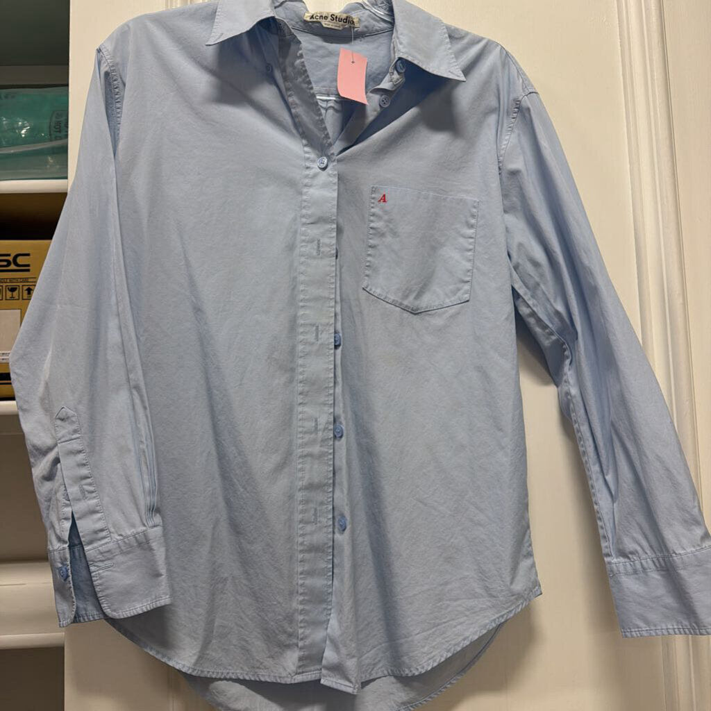 Blue Cotton Embroidered Button Up Top