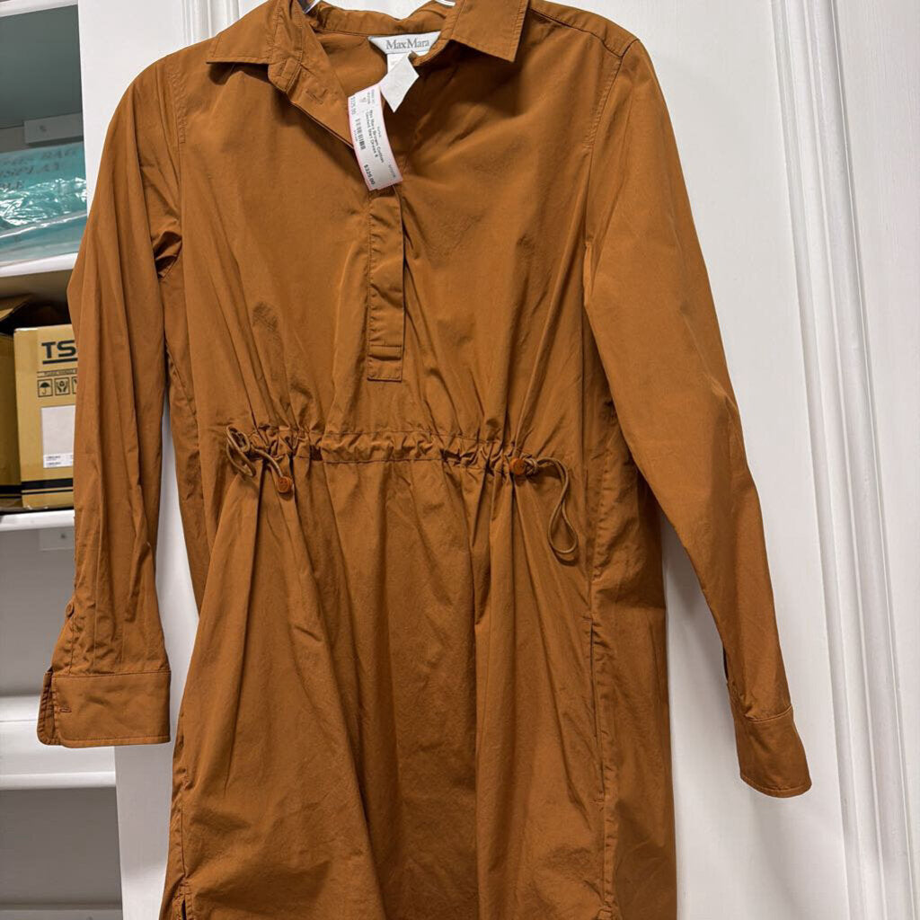 Brown Cotton Cinched Shirt Dress