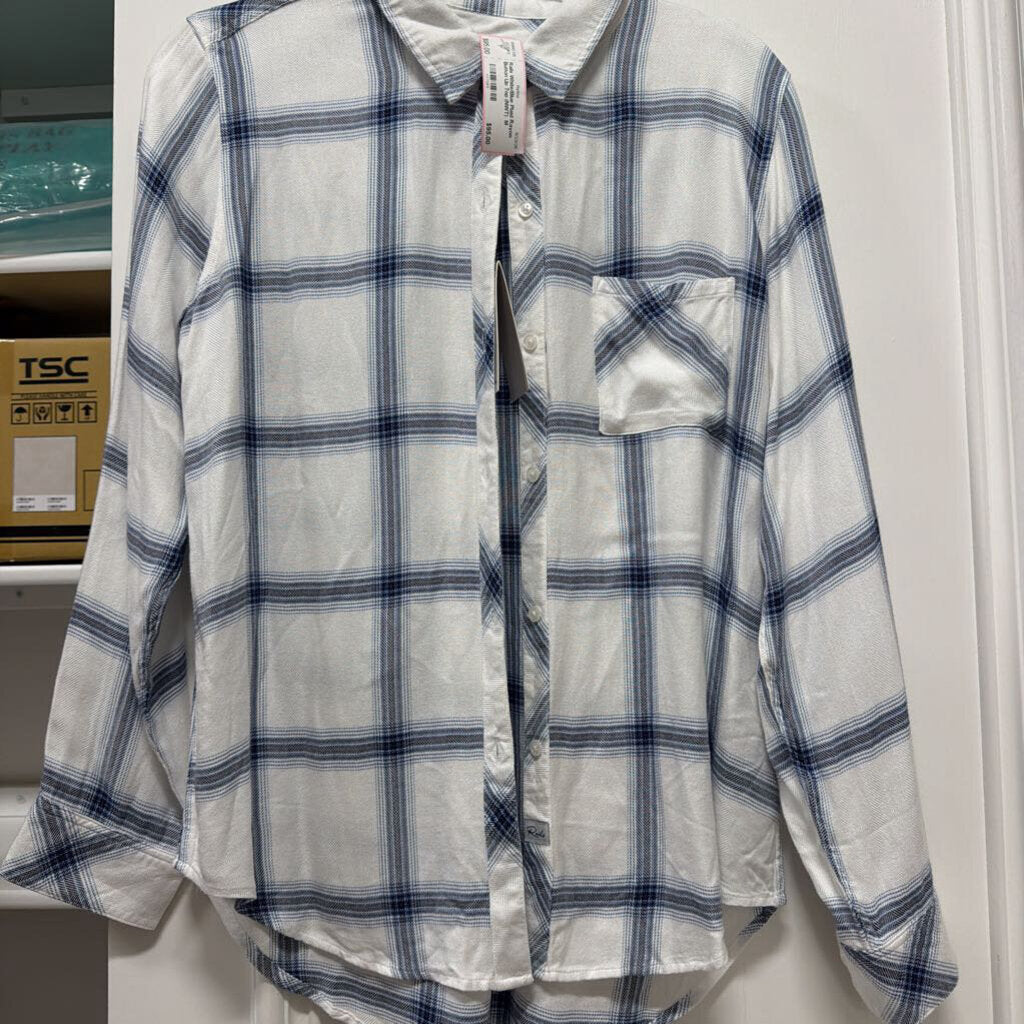 White/Blue Plaid Rayon Button Up Top (NWT)