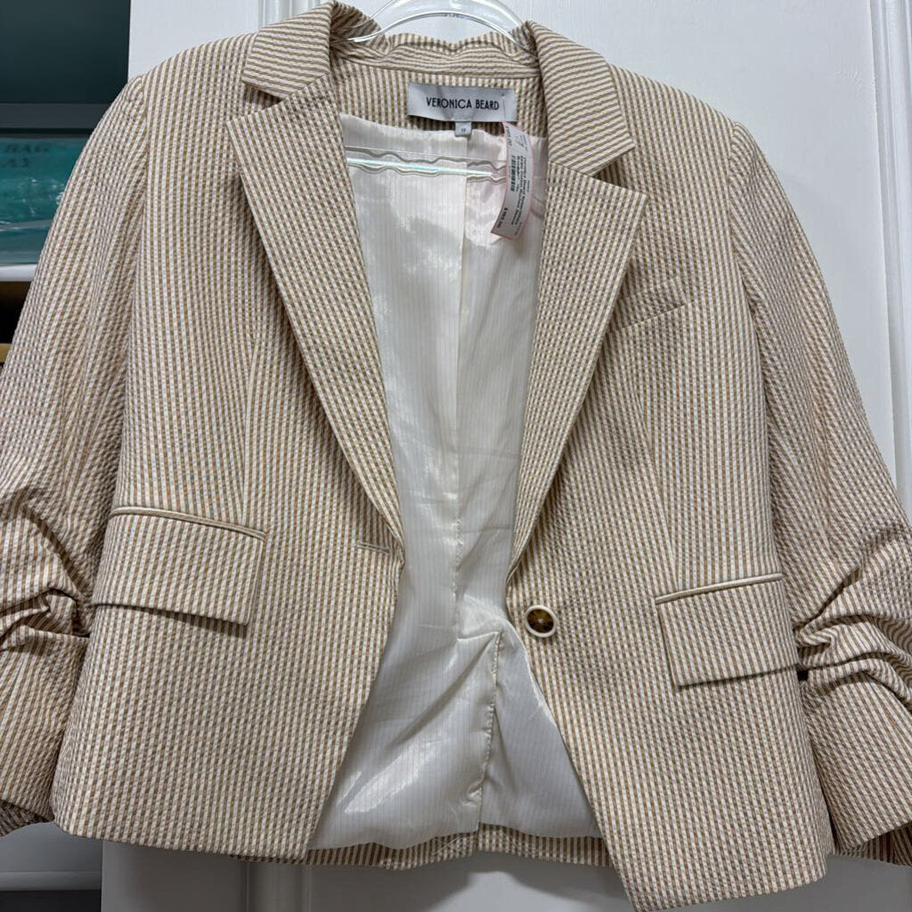 Beige/White Stripe Cotton Ruched Sleeve Blazer