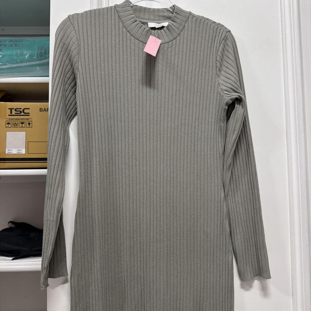 Grey Cotton Blend Rib LS Dress