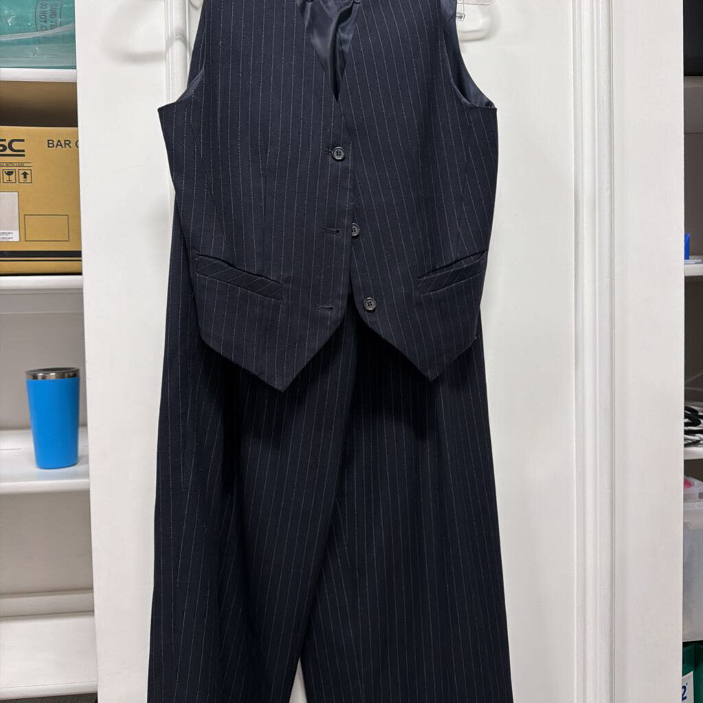 Navy/White Pinstripe Poly Blend Vest + Pant SET