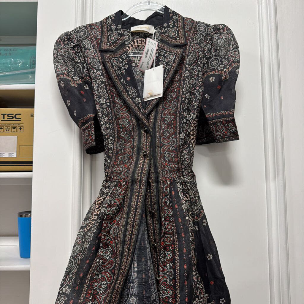 Black Linen/Silk Paisley Mini Dress (NWT)