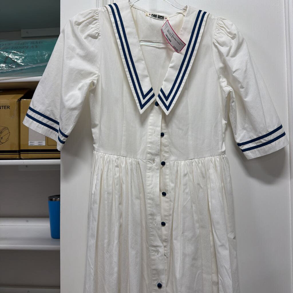 White/Blue Cotton Midi Dress