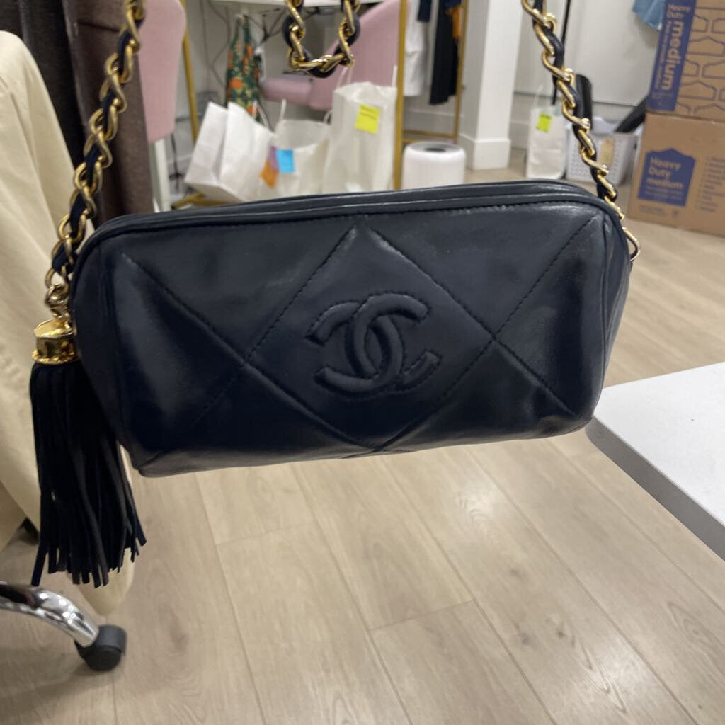 Navy Leather Quilted Barrel Bag