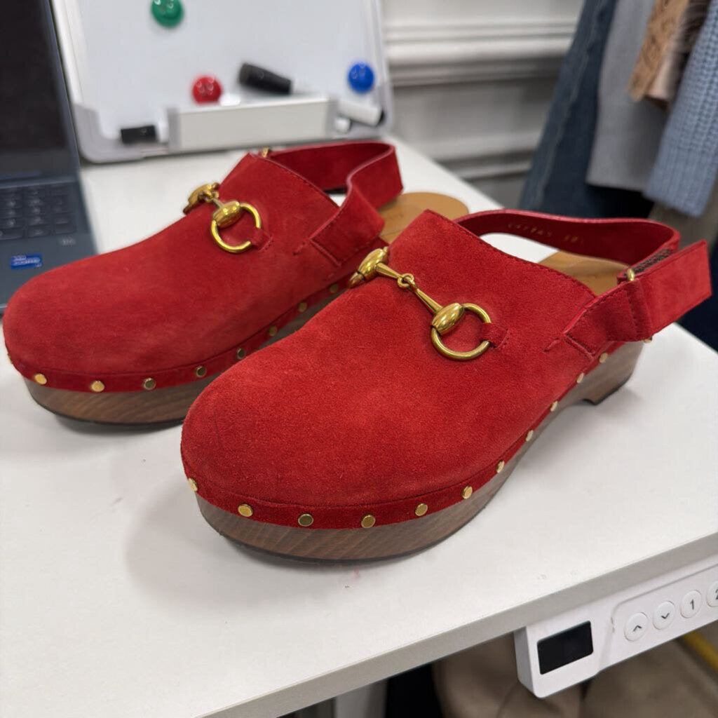 Red Suede Horsebit Clogs
