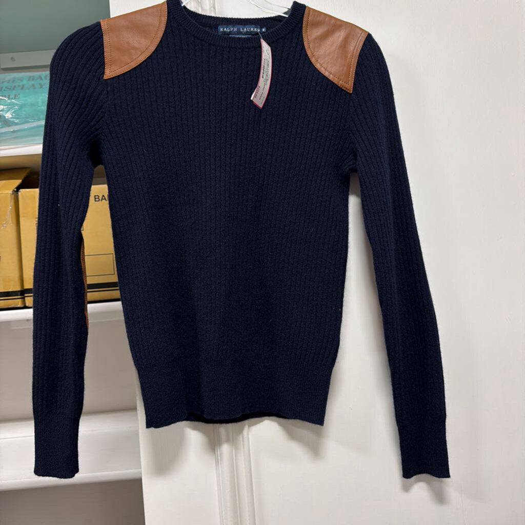 Navy Cashmere/Wool Leather Patch Sweater