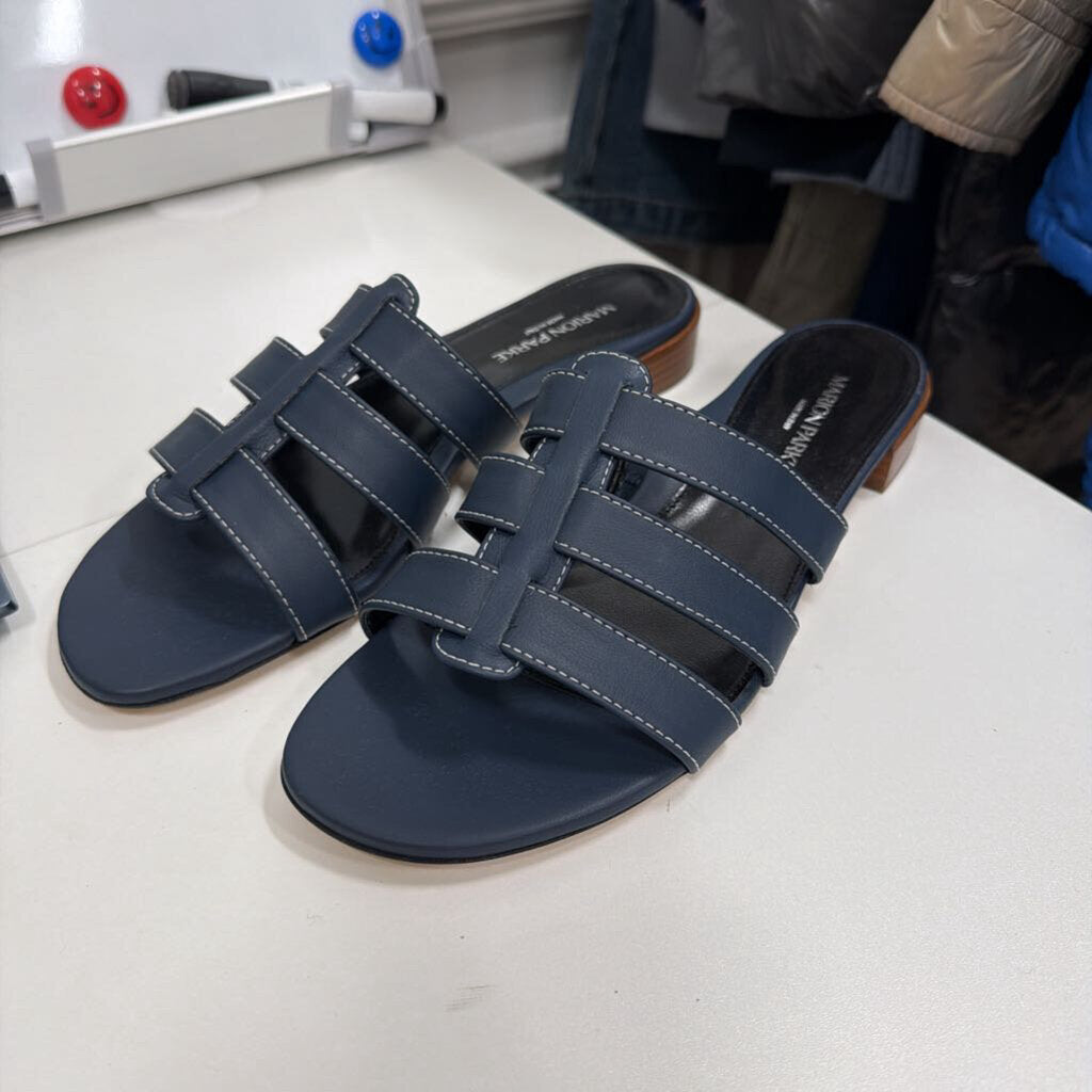 Navy Leather Slide Sandals