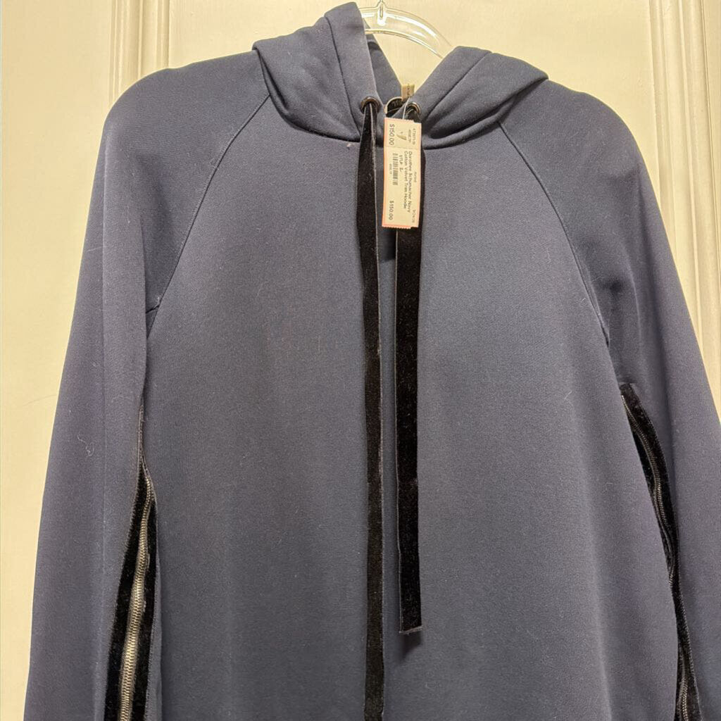 Navy Cotton Velvet Trim Hoodie Sweatshirt