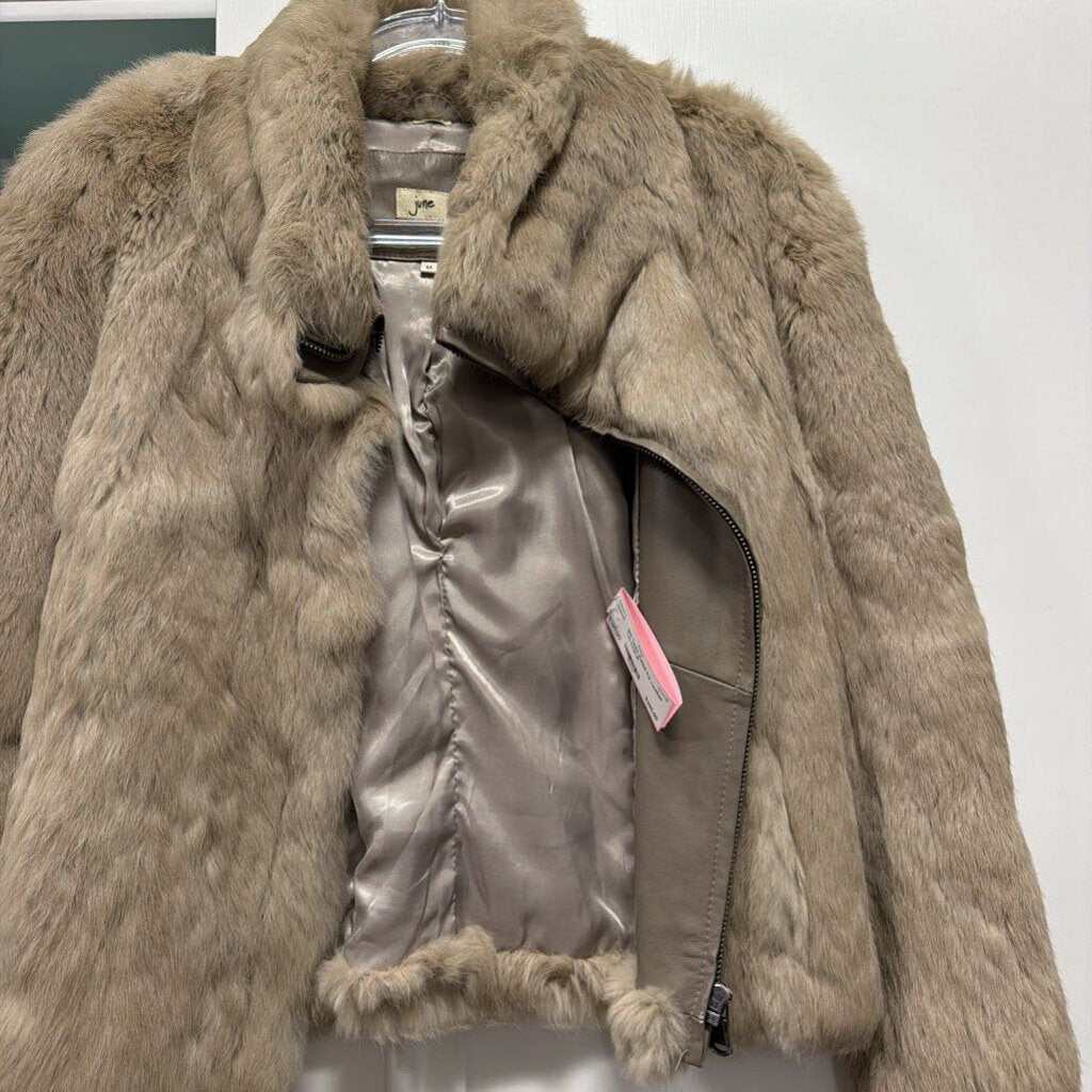 Taupe Rabbit Fur Leather Trim Coat