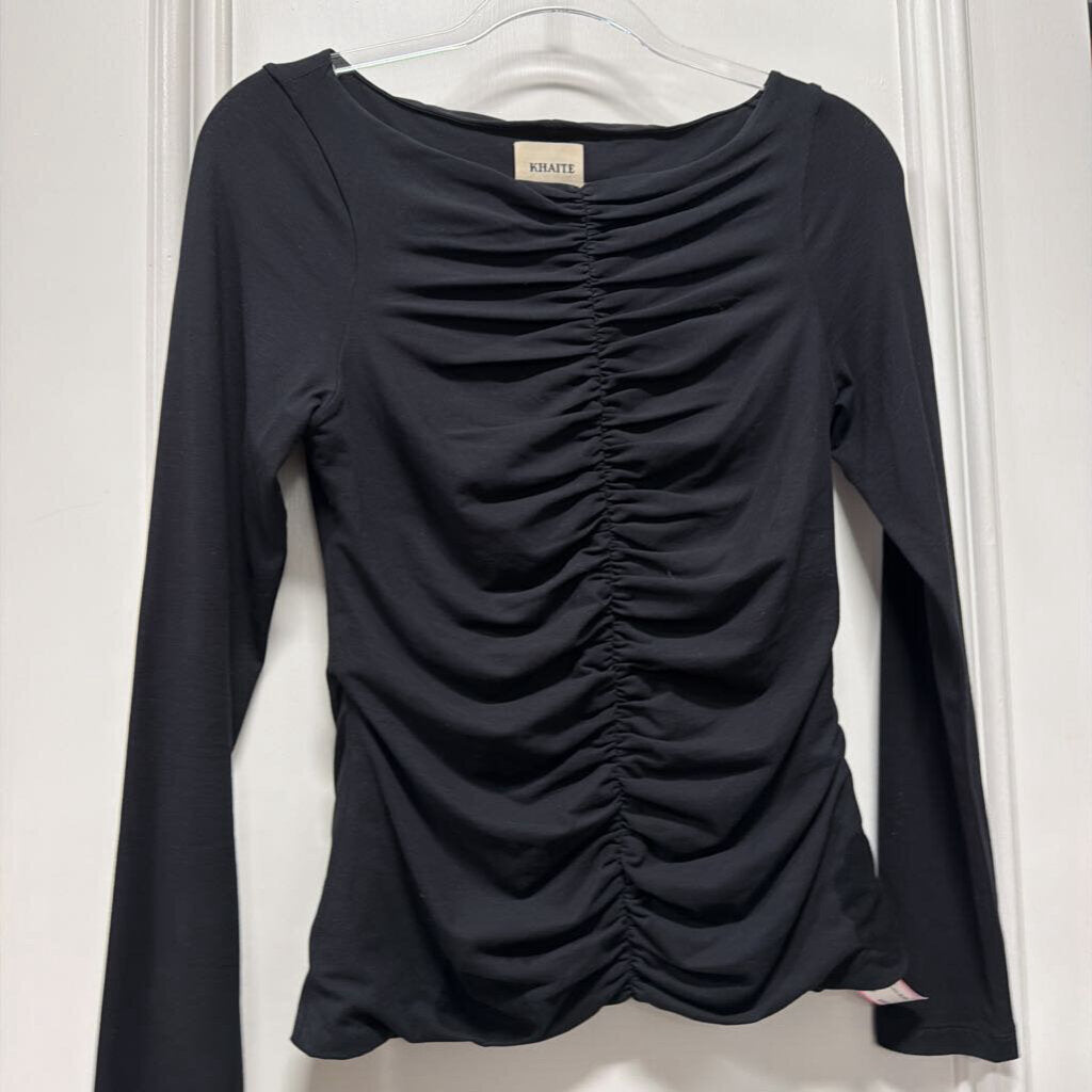 Black Cotton Ruched Front LS