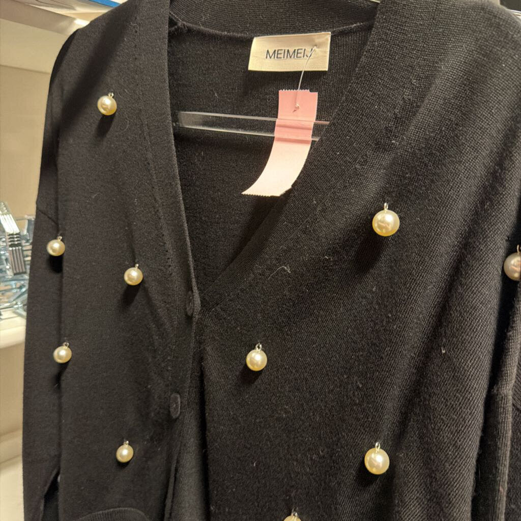 Black Wool Pearl Embellished Cardigan