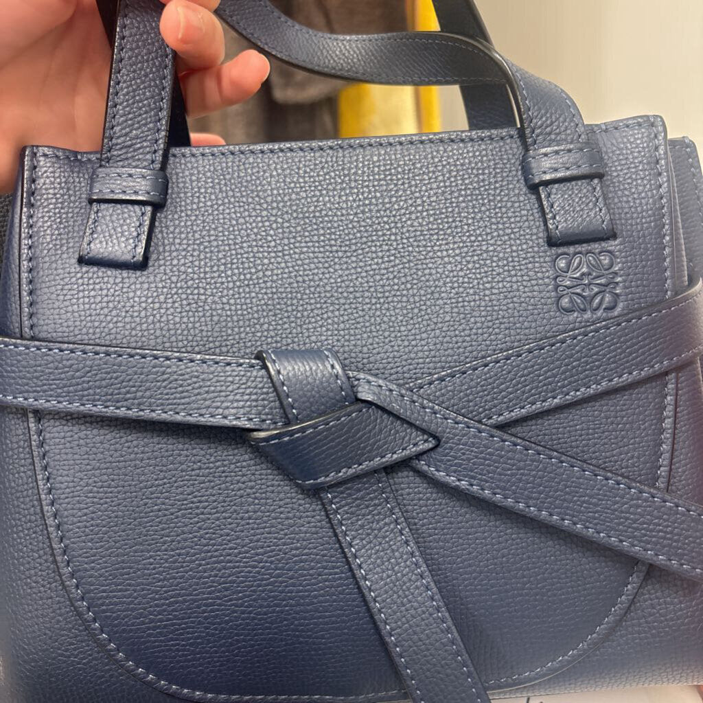 Navy Leather Mini Gate Top Handle Bag