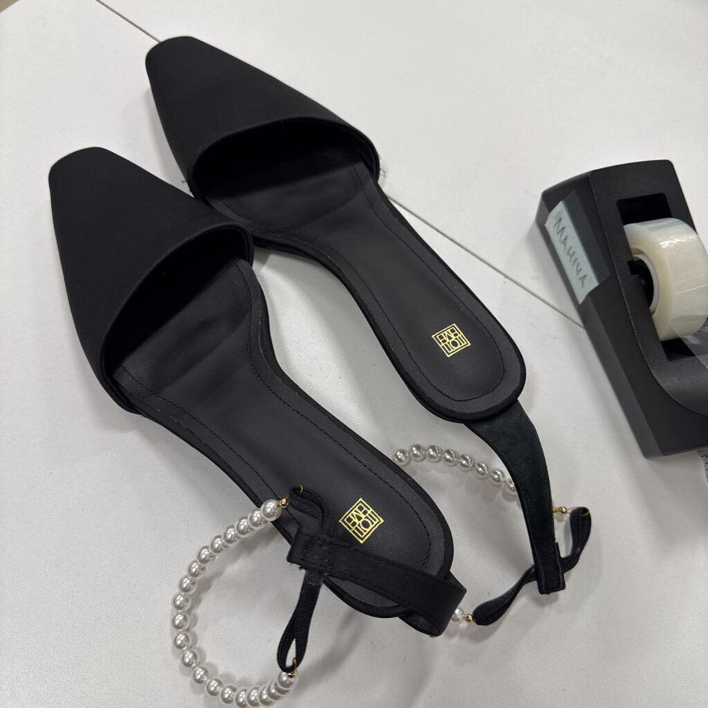 Toteme Black Satin Kitten Heel with Pearl Ankle