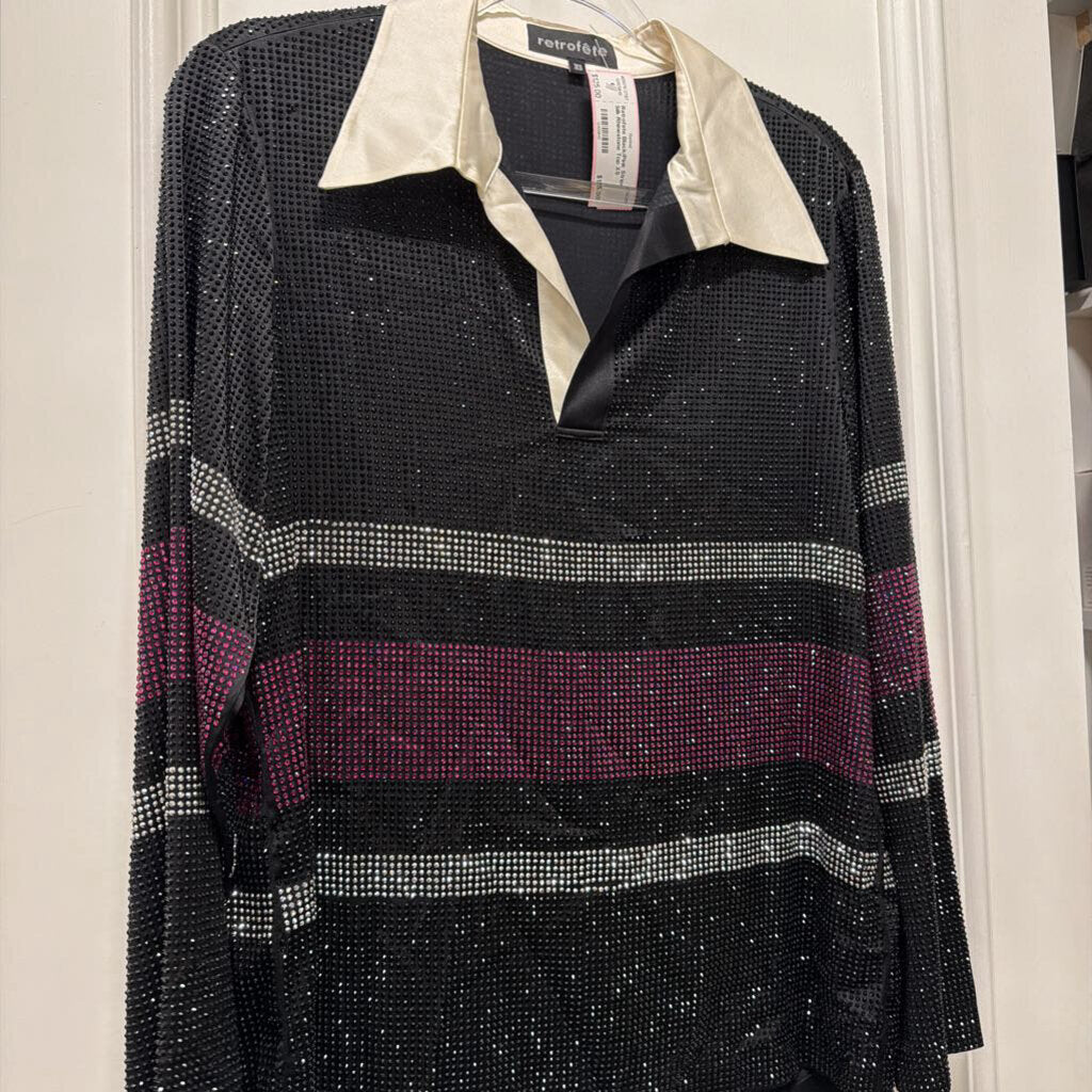 Black/Pink Stripe Silk Rhinestone Top