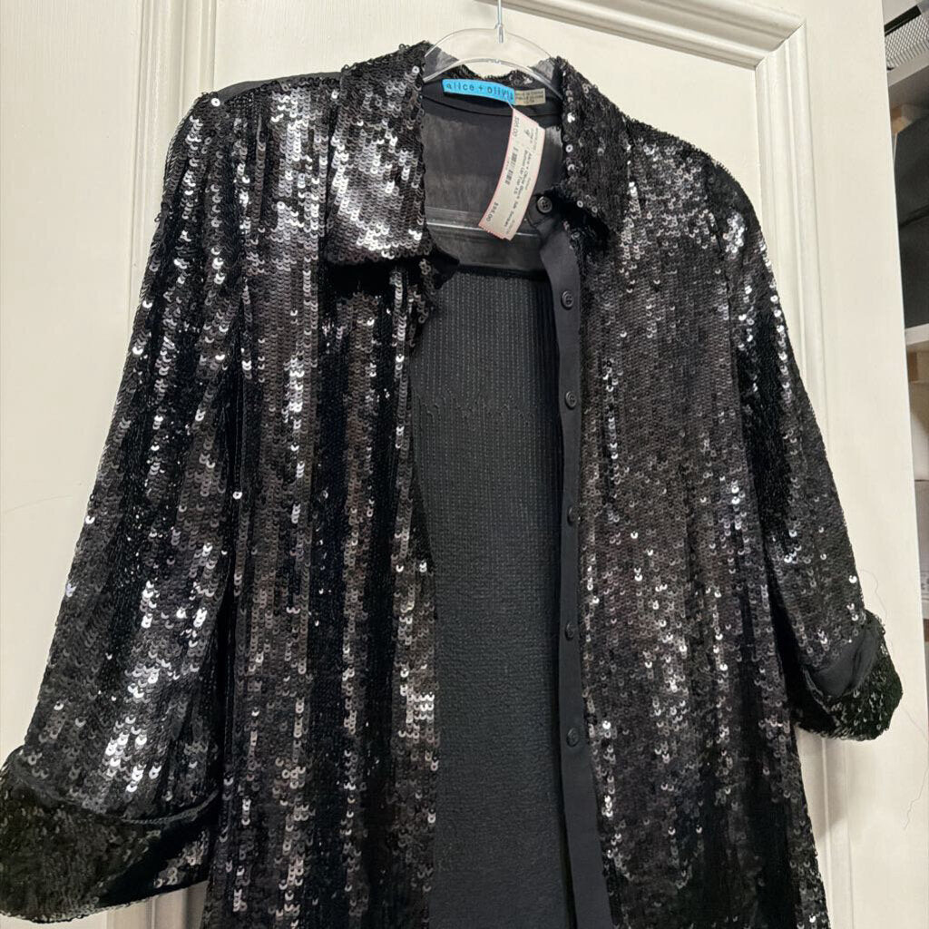 Black Silk Sequin Button Up Top