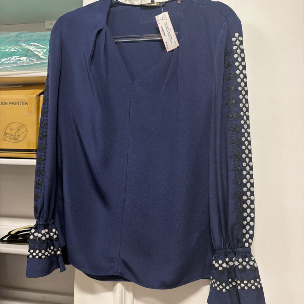 Navy Silk Embroidered Sequin Top